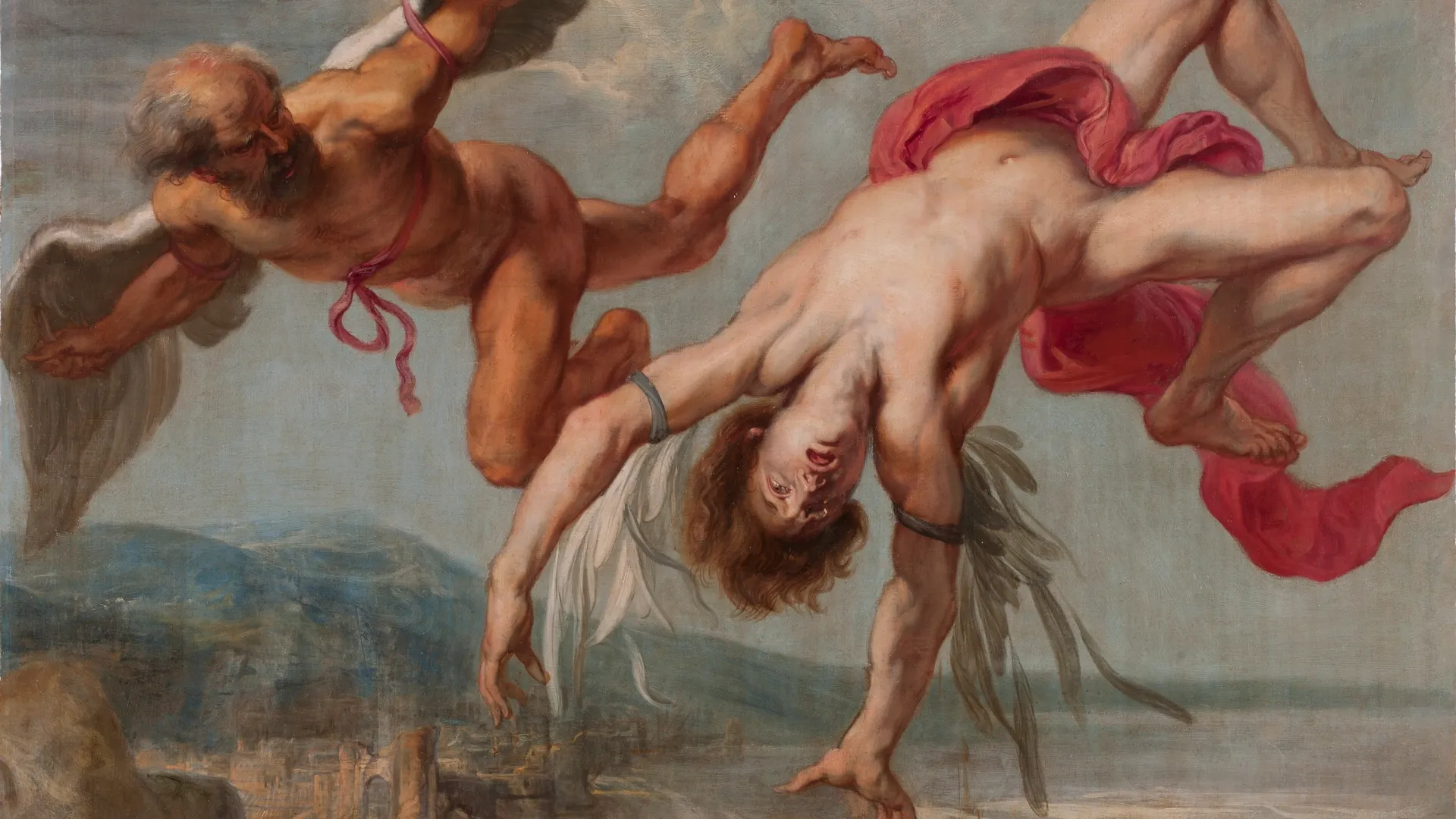 Jacob Peter Gowy's painting The Fall of Icarus showing Icarus falling from the sky with his wings breaking apart