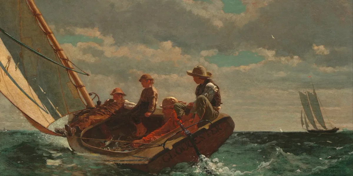 Winslow Homer painting of a small sailboat heeling under full sail, a man and three boys aboard on open water