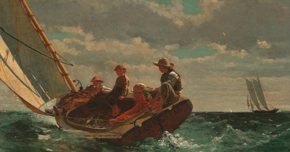 Winslow Homer painting of a small sailboat heeling under full sail, a man and three boys aboard on open water