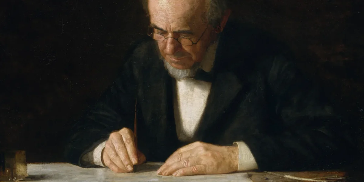 Thomas Eakins painting of Benjamin Eakins seated at a desk, writing with a quill pen