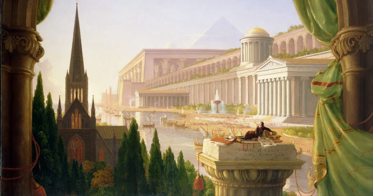 Thomas Cole painting of an architect reclining on a column capital amid his drawings, looking out over Gothic, Greek, Roman and Egyptian buildings