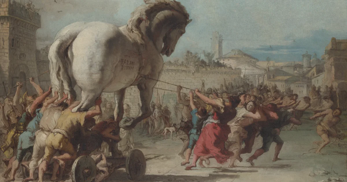 Giovanni Domenico Tiepolo painting of a crowd of Trojans pushing and hauling a giant white wooden horse on a wheeled cart toward the walls of Troy