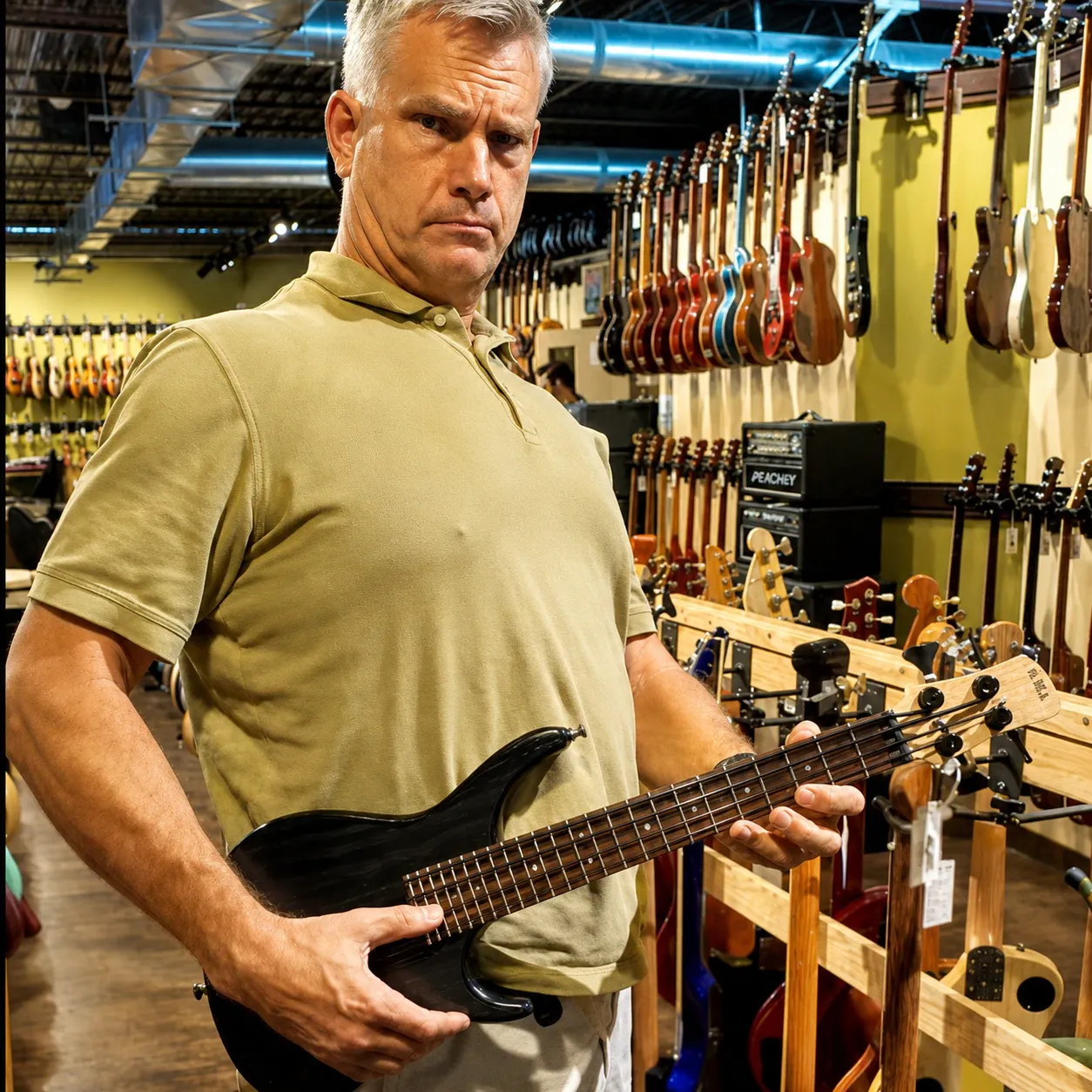 Kyle at Carter Vintage Guitars, holding a small bass guitar with rows of instruments behind him