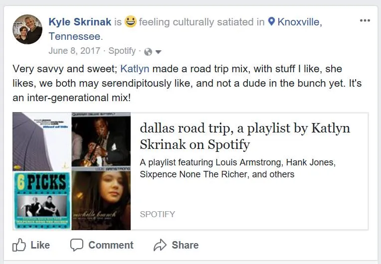 Facebook post: feeling culturally satiated in Knoxville, Tennessee, with a Spotify playlist embed — dallas road trip, a playlist by Katlyn Skrinak