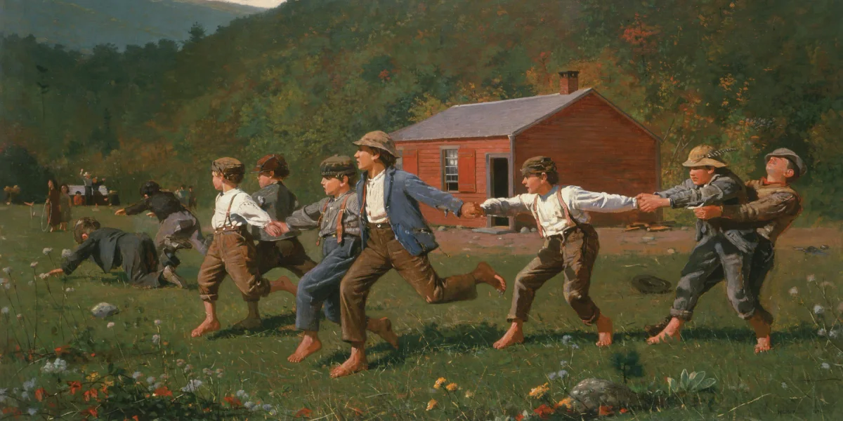 Snap the Whip by Winslow Homer, 1872 — boys playing the chain-whipping game in a rural schoolyard