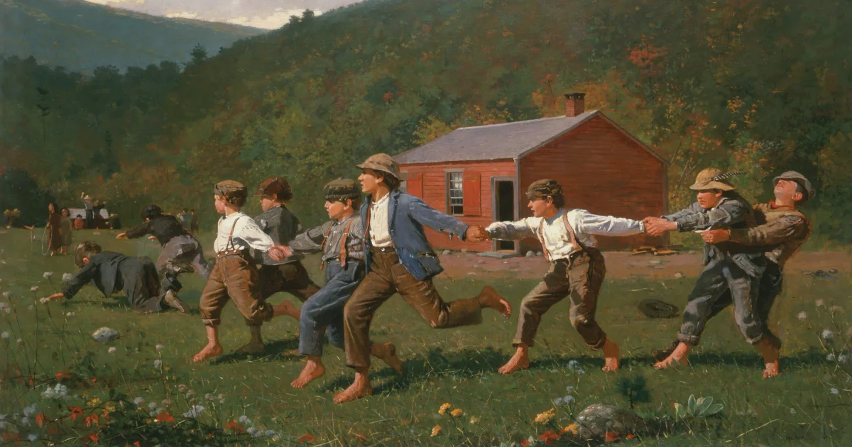 Snap the Whip by Winslow Homer, 1872 — boys playing the chain-whipping game in a rural schoolyard