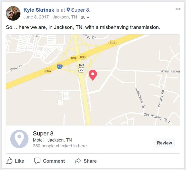 Facebook post with map showing Super 8 motel location in Jackson, TN — So… here we are, in Jackson, TN, with a misbehaving transmission.